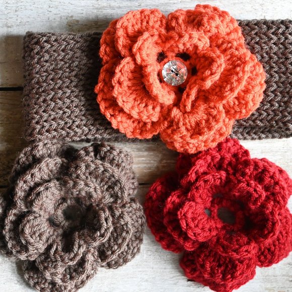 new hand made knit headband earwarmer for child crochet interchangeable flowers - Picture 1 of 6